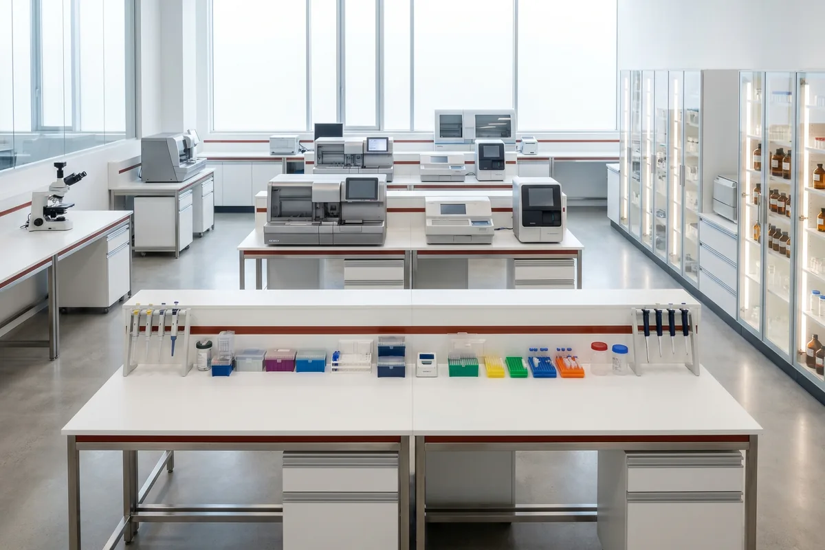 Interior de um laboratório de análises clínicas com analisadores automatizados e bancadas organizadas